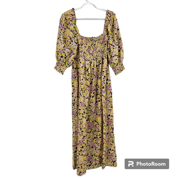 Rixo Dress Mutlticolour Saskia Floral Print Square Neck Smocked Midi Size M - Picture 9 of 9